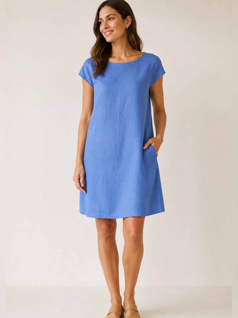 Eileen Fisher Blue Lined Organic Linen Shift Dress EUC Size S/P